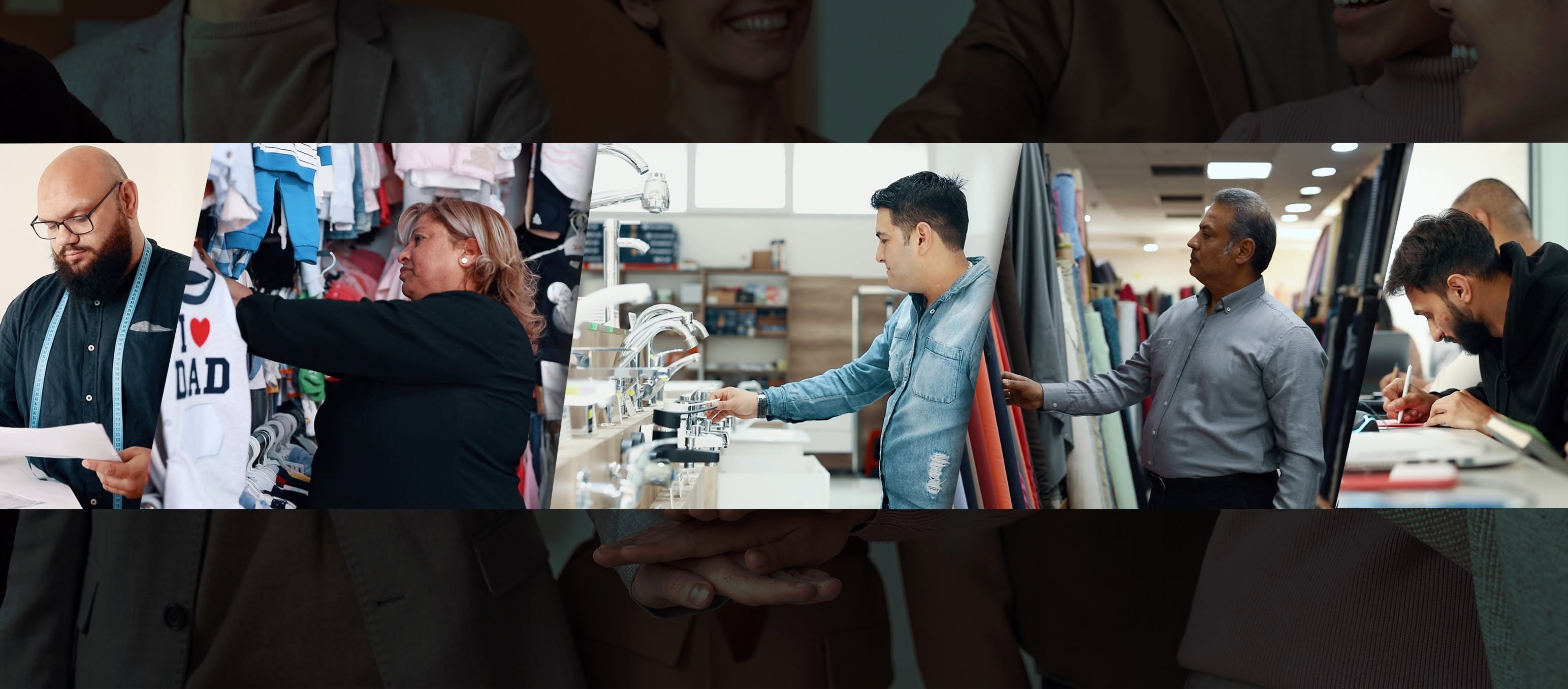 Roma entrepreneurs at work: a tailor, a children's clothing shop, a bathroom fixtures showroom, a textile store and a designer at a desk